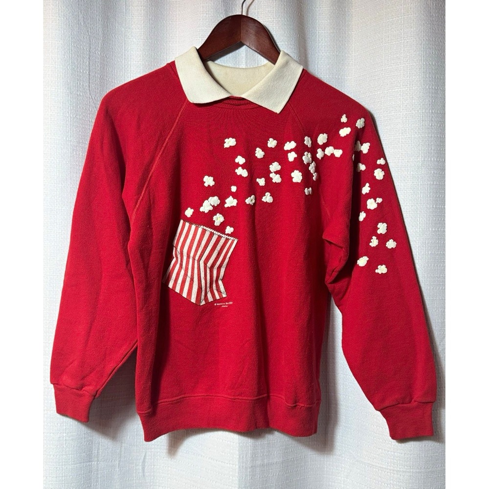 Vintage 80s Morning Sun Popcorn Sweatshirt Small Red Puff Print Collared Granny